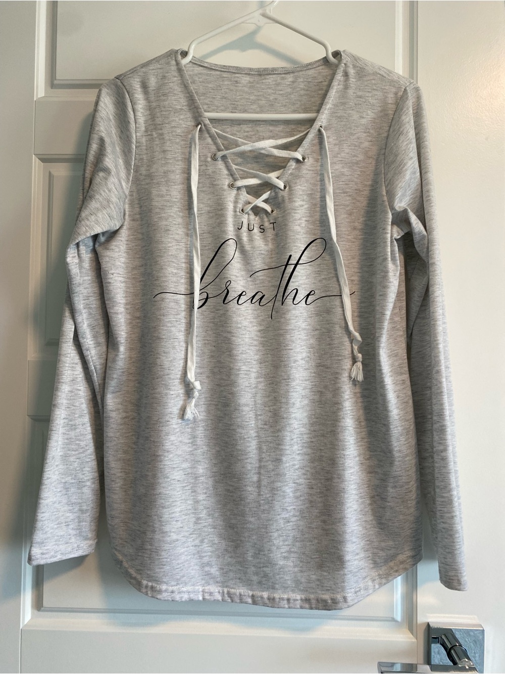 “ JUST BREATHE “ Lace-Up Grey Women's Top